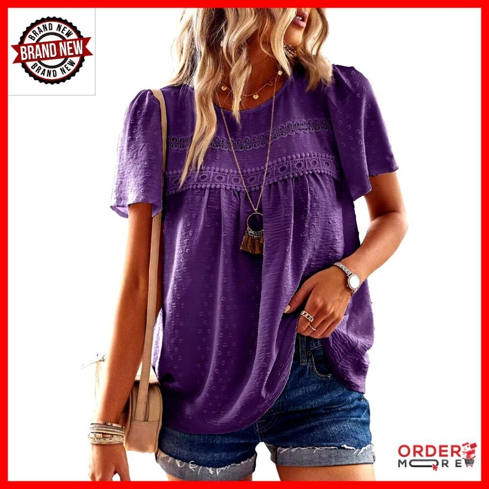 Women's Chiffon Crewneck Short Sleeve Blouse with Lace Hem Boho Tunic